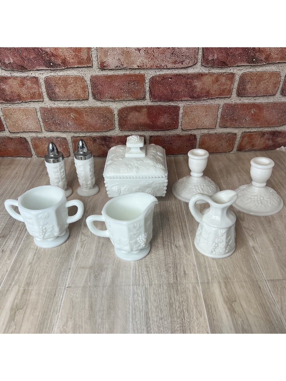 (8)Lot Westmoreland Milk Glass Paneled Grape Beaded Honey Dish w Lid Salt Pepper